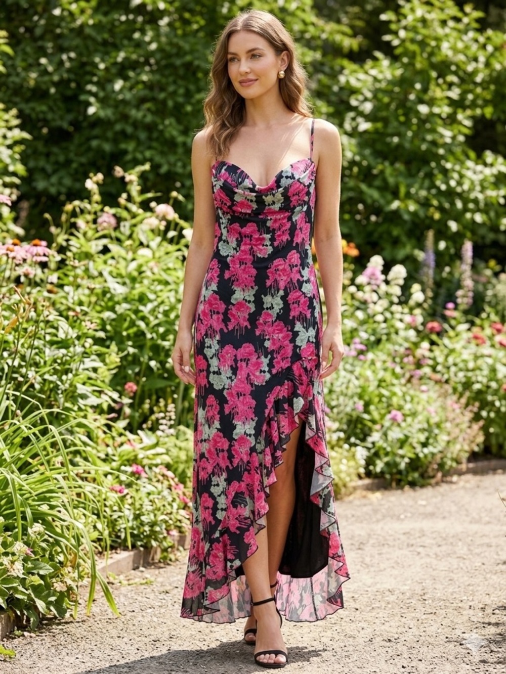 Pink & Black Mesh Dark Romantic Black Floral High-Low Maxi Whimsy Goth L